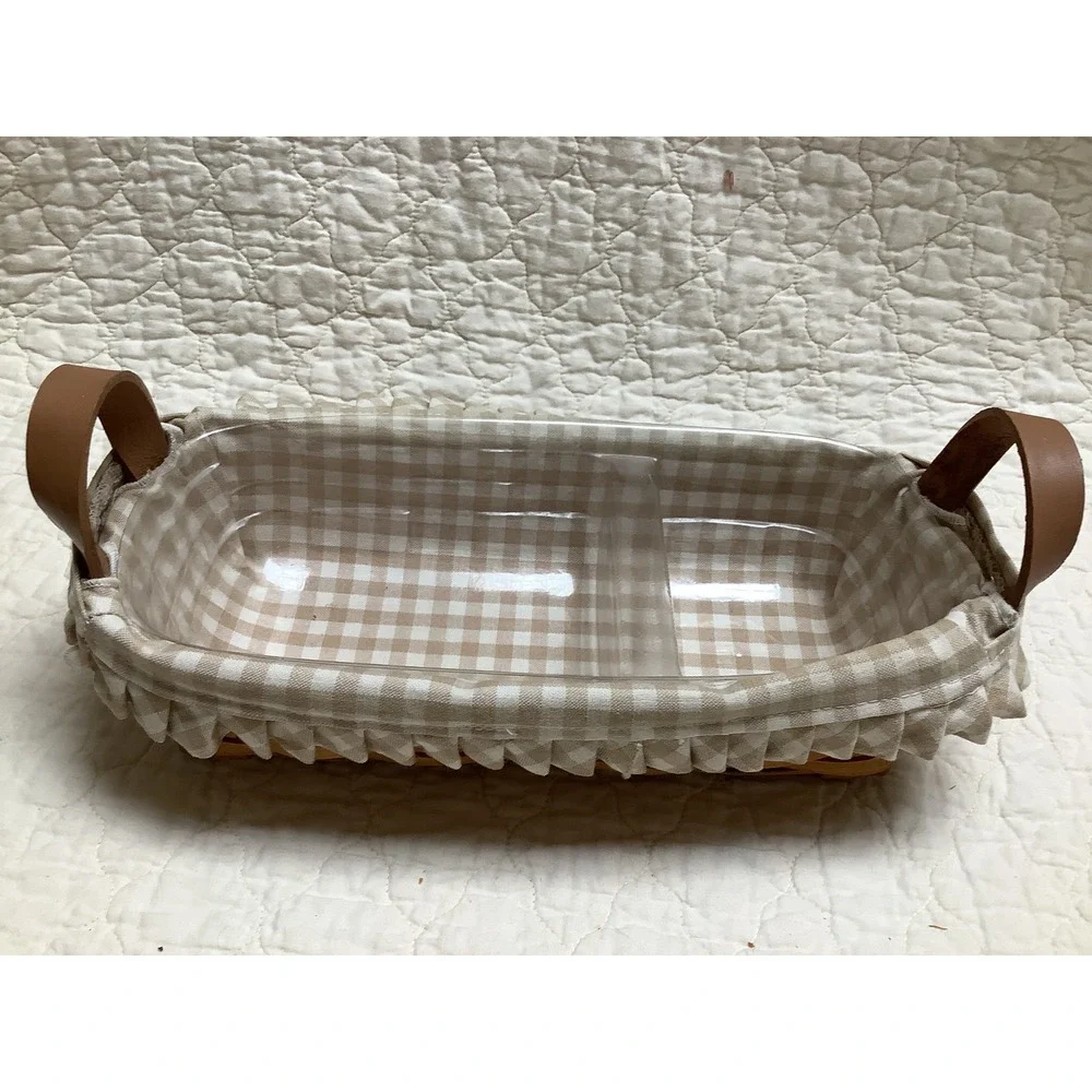 Longaberger Woven Basket with Gingham Liner Plastic Protector Leather Handles